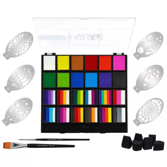 Fusion Body Art PRO Face Paint Kit komplett professzionális arcfestő készlet 24 féle festékkel ecsetekkel szivacsokkal és sablonokkal One Stroke arcfestéshez