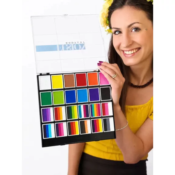 Fusion Body Art PRO Face Paint Kit komplett professzionális arcfestő készlet 24 féle festékkel ecsetekkel szivacsokkal és sablonokkal One Stroke arcfestéshez