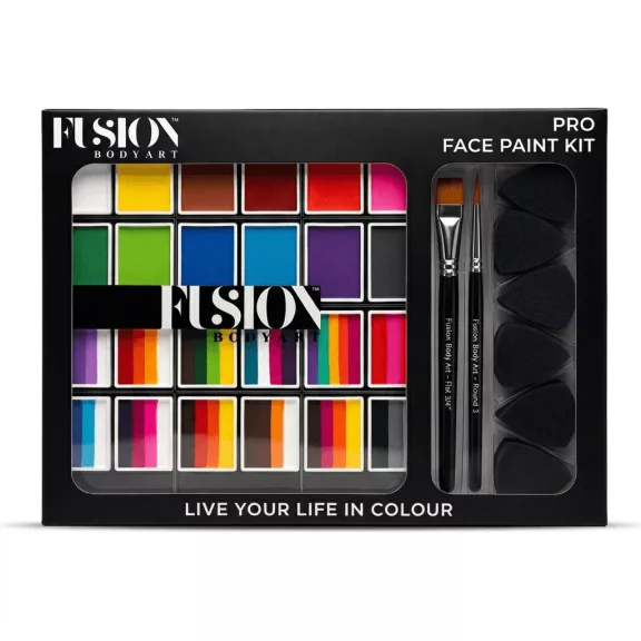 Fusion Body Art PRO Face Paint Kit komplett professzionális arcfestő készlet 24 féle festékkel ecsetekkel szivacsokkal és sablonokkal One Stroke arcfestéshez