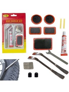 Kerékpár defektjavító készlet, gumijavító szett belső gumihoz, vulkanizáló foltok, ragasztó, felszerelő vasak, kompakt bicikli kiegészítő