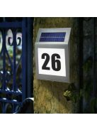 Izoxis napelemes házszám, ezüst színű, LED világítással, alkonyatérzékelővel, öntapadós számjegyekkel és betűkkel