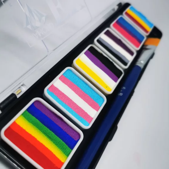 Diamond FX PRIDE csíkos arcfesték paletta 6x6g, professzionális "one stroke" festék élénk szivárvány árnyalatokkal, bőrbarát, Pride rendezvényekre