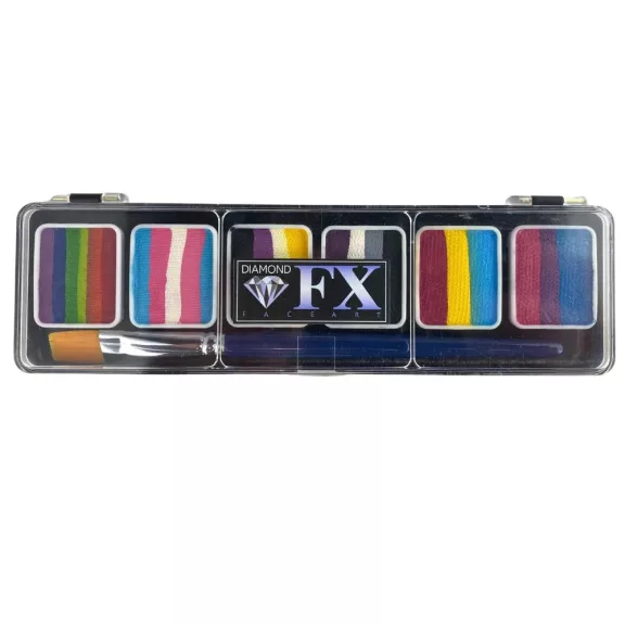 Diamond FX PRIDE csíkos arcfesték paletta 6x6g, professzionális "one stroke" festék élénk szivárvány árnyalatokkal, bőrbarát, Pride rendezvényekre
