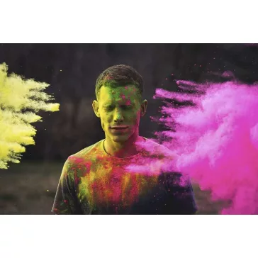 Színes Holi por tasakok (piros, narancs, sárga, zöld, kék, lila) egy készletben, szórásra készen
