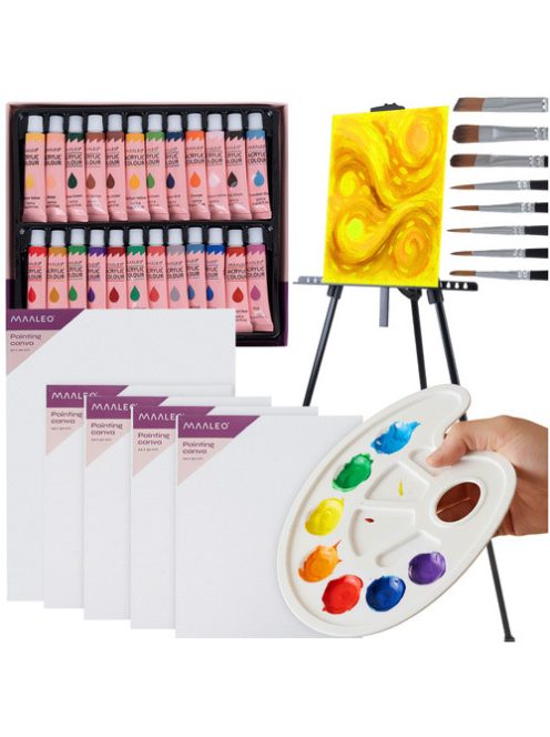Maaleo XXL komplett festő- és rajzkészlet alumínium festőállvánnyal, 24 akrilfestékkel és 5 db vászonnal