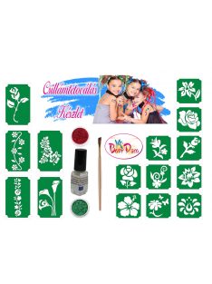 KiviArt virágos csillámtetoválás szett, csillámporokkal, bőrbarát ragasztóval és virágmintás sablonokkal