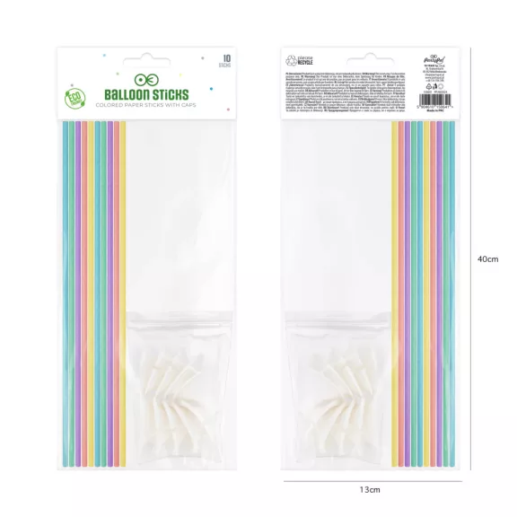 ECO pasztell papír lufitartó pálcikák fehér kupakkal 35 cm 10 db