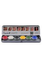 Superstar 6 színű arcfesték készlet élénk, tiszta alapszínekkel, professzionális gyerek arcfestéshez, fesztivál sminkhez, az MK Kreatív arcfestő boltból.