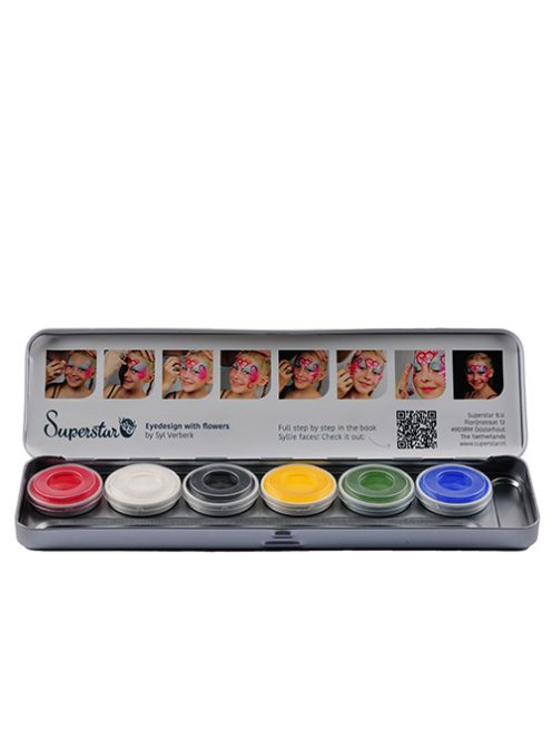 Superstar 6 színű arcfesték készlet élénk, tiszta alapszínekkel, professzionális gyerek arcfestéshez, fesztivál sminkhez, az MK Kreatív arcfestő boltból.