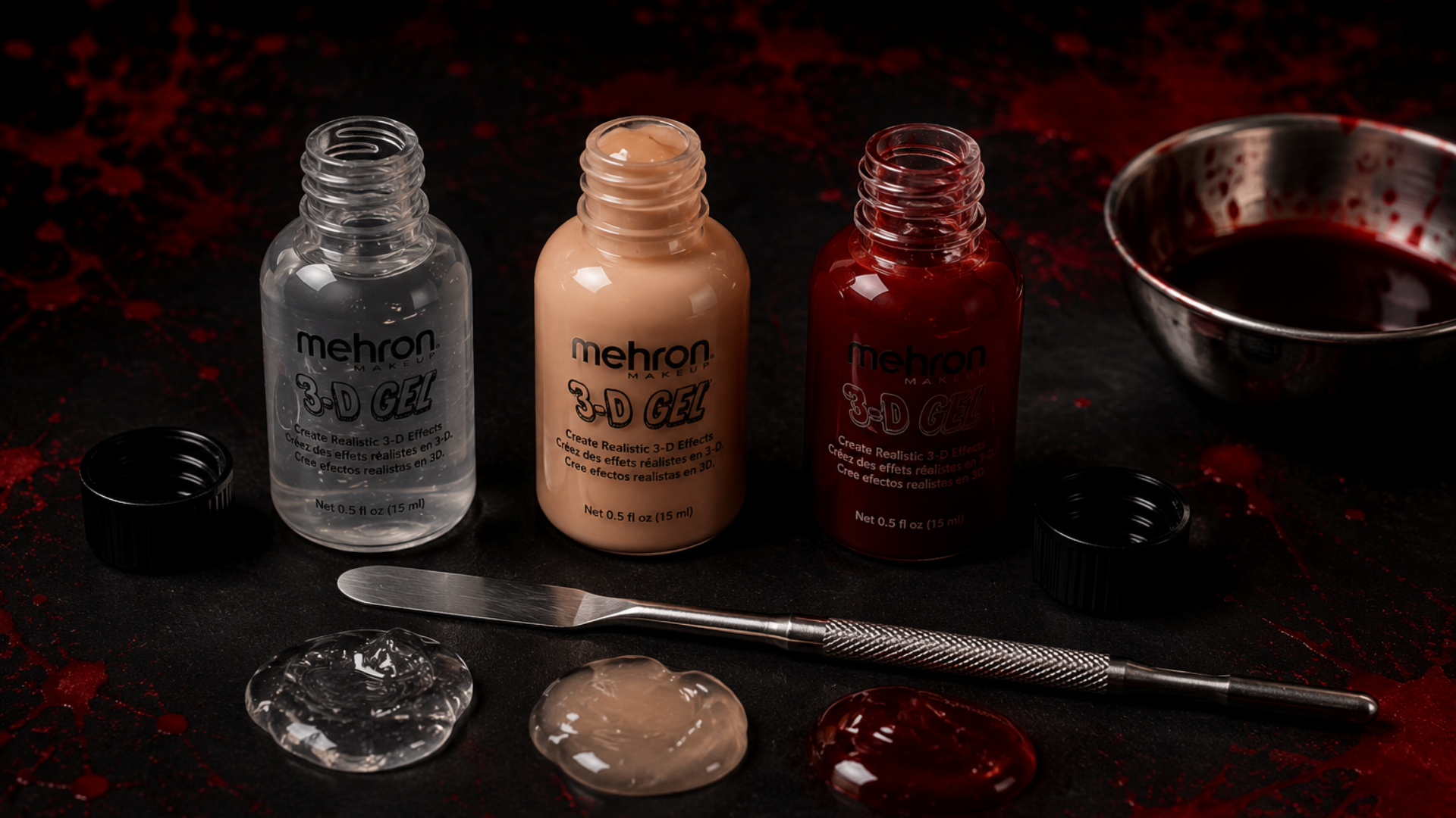 Mehron 3-D Gel Clear Fleshtone és Blood Red termékek fekete bordó SFX háttéren