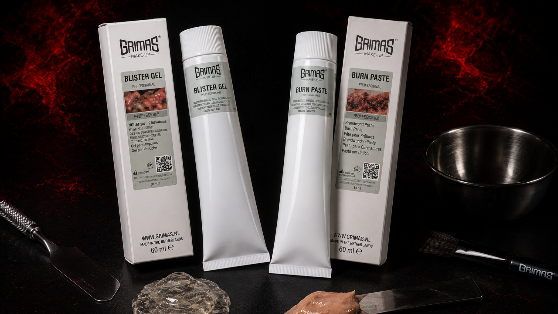 Grimas Burn Paste és Grimas Blister Gel termékek fekete vörös háttéren